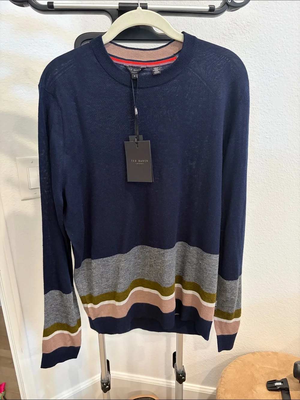 Ted Baker Navy Crewneck Sweater with Gray, Olive and Blush Stripes